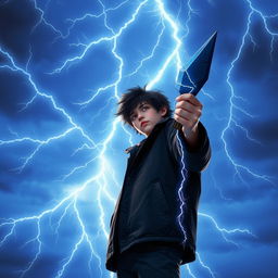 A 14-year-old teenager with messy black hair and brown eyes, wearing a black coat and navy blue pants, gazes at the sky filled with radiant sky-blue lightning bolts illuminating the background with mystical energy, creating a dynamic contrast with his figure