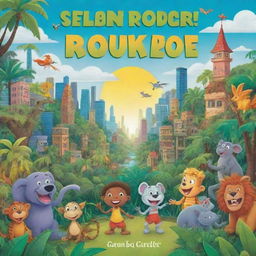 Child-friendly book cover in cartoon style, featuring an exciting contrast between a lively jungle scene and a colorful cityscape.