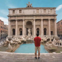 An illustration of the user standing before iconic Roman landmarks such as the Colosseum, Trevi Fountain, and Roman Forum, surrounded by the vibrant life and culture of Rome.