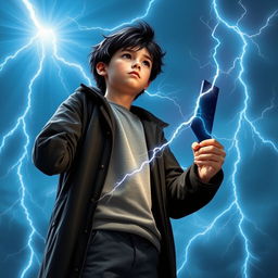 A 14-year-old teenager with messy black hair and brown eyes, wearing a black coat and navy blue pants, looks towards the sky where radiant, sky-blue lightning bolts illuminate the background with mystical energy, creating a dynamic contrast with his figure