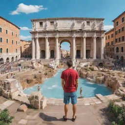 An illustration of the user standing before iconic Roman landmarks such as the Colosseum, Trevi Fountain, and Roman Forum, surrounded by the vibrant life and culture of Rome.