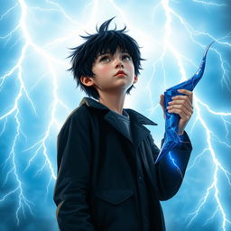 A 14-year-old teenager with messy black hair and brown eyes, wearing a black coat and navy blue pants, looks towards the sky where radiant, sky-blue lightning bolts illuminate the background with mystical energy, creating a dynamic contrast with his figure