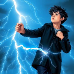 A 14-year-old teenager with messy black hair and brown eyes, wearing a black coat and navy blue pants, looks towards the sky where radiant, sky-blue lightning bolts illuminate the background with mystical energy, creating a dynamic contrast with his figure