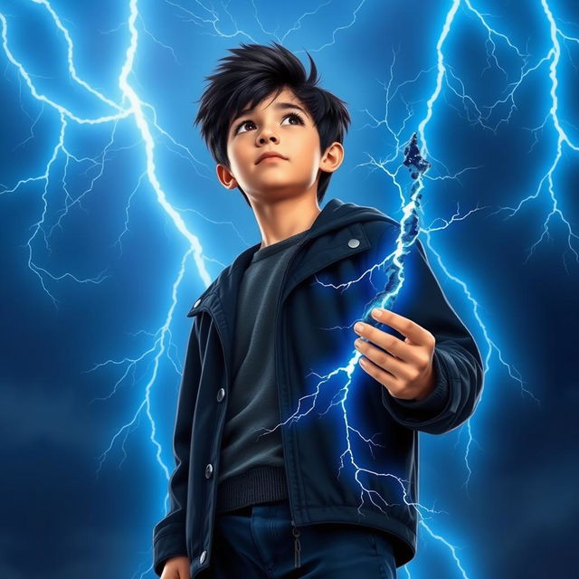 A 14-year-old teenager with messy black hair and brown eyes, wearing a black coat and navy blue pants, looks towards the sky where radiant, sky-blue lightning bolts illuminate the background with mystical energy, creating a dynamic contrast with his figure