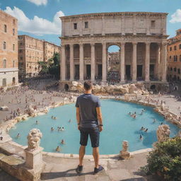 An illustration of the user standing before iconic Roman landmarks such as the Colosseum, Trevi Fountain, and Roman Forum, surrounded by the vibrant life and culture of Rome.