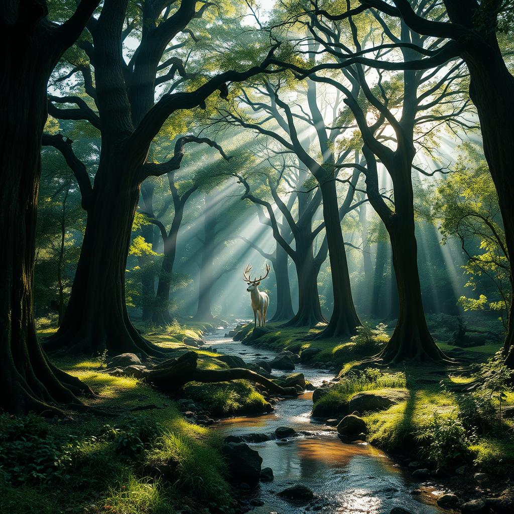 A mystical forest with towering ancient trees