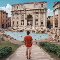 An illustration of the user standing before iconic Roman landmarks such as the Colosseum, Trevi Fountain, and Roman Forum, surrounded by the vibrant life and culture of Rome.