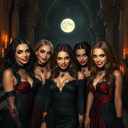 A group of alluring and sexy vampire girls with mysterious and seductive expressions