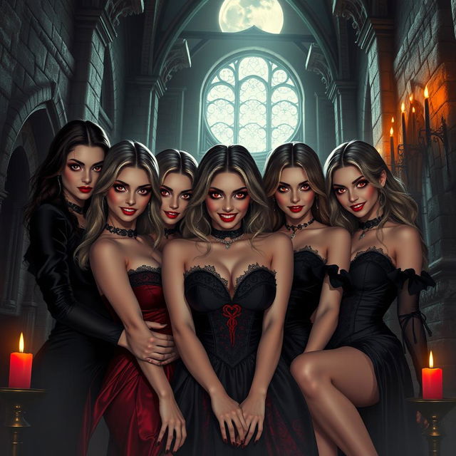 A group of alluring and sexy vampire girls with mysterious and seductive expressions