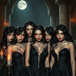 A group of alluring and sexy vampire girls with mysterious and seductive expressions