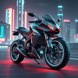 A sleek and futuristic 3D motorcycle design featuring an aerodynamic body, advanced technology components, and glowing neon accents