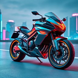 A sleek and futuristic 3D motorcycle design featuring an aerodynamic body, advanced technology components, and glowing neon accents