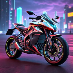 A sleek and futuristic 3D motorcycle design featuring an aerodynamic body, advanced technology components, and glowing neon accents