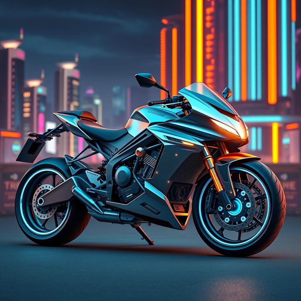 A sleek and futuristic 3D motorcycle design featuring an aerodynamic body, advanced technology components, and glowing neon accents