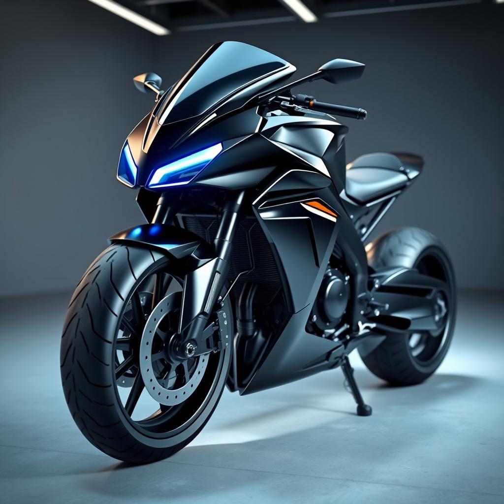 A highly detailed and realistic 3D rendering of a futuristic motorcycle