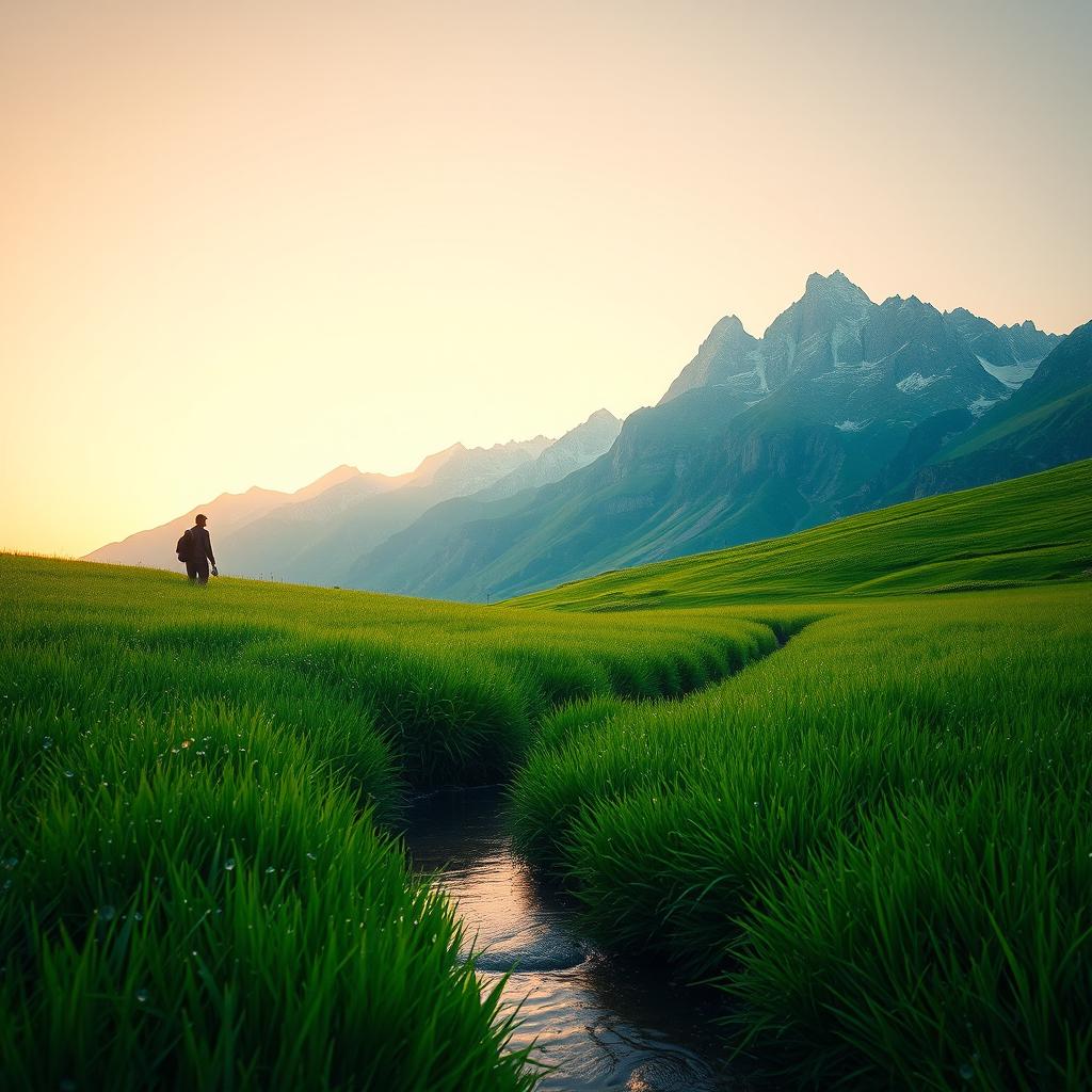 a hyper-realistic image of a serene sunrise over a lush green meadow, with dew drops glistening on the grass