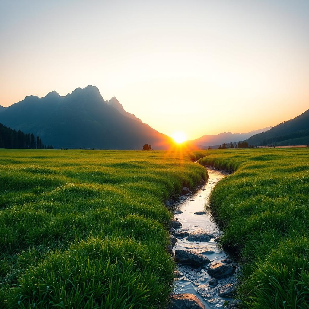 a hyper-realistic image of a serene sunrise over a lush green meadow, with dew drops glistening on the grass