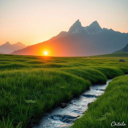 a hyper-realistic image of a serene sunrise over a lush green meadow, with dew drops glistening on the grass