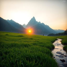 a hyper-realistic image of a serene sunrise over a lush green meadow, with dew drops glistening on the grass