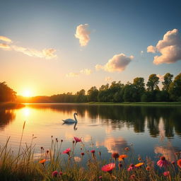 A serene landscape during the golden hour, with a vibrant sunset casting warm hues over a tranquil lake