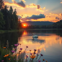 A serene landscape during the golden hour, with a vibrant sunset casting warm hues over a tranquil lake