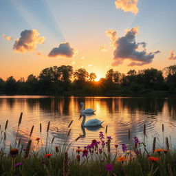 A serene landscape during the golden hour, with a vibrant sunset casting warm hues over a tranquil lake