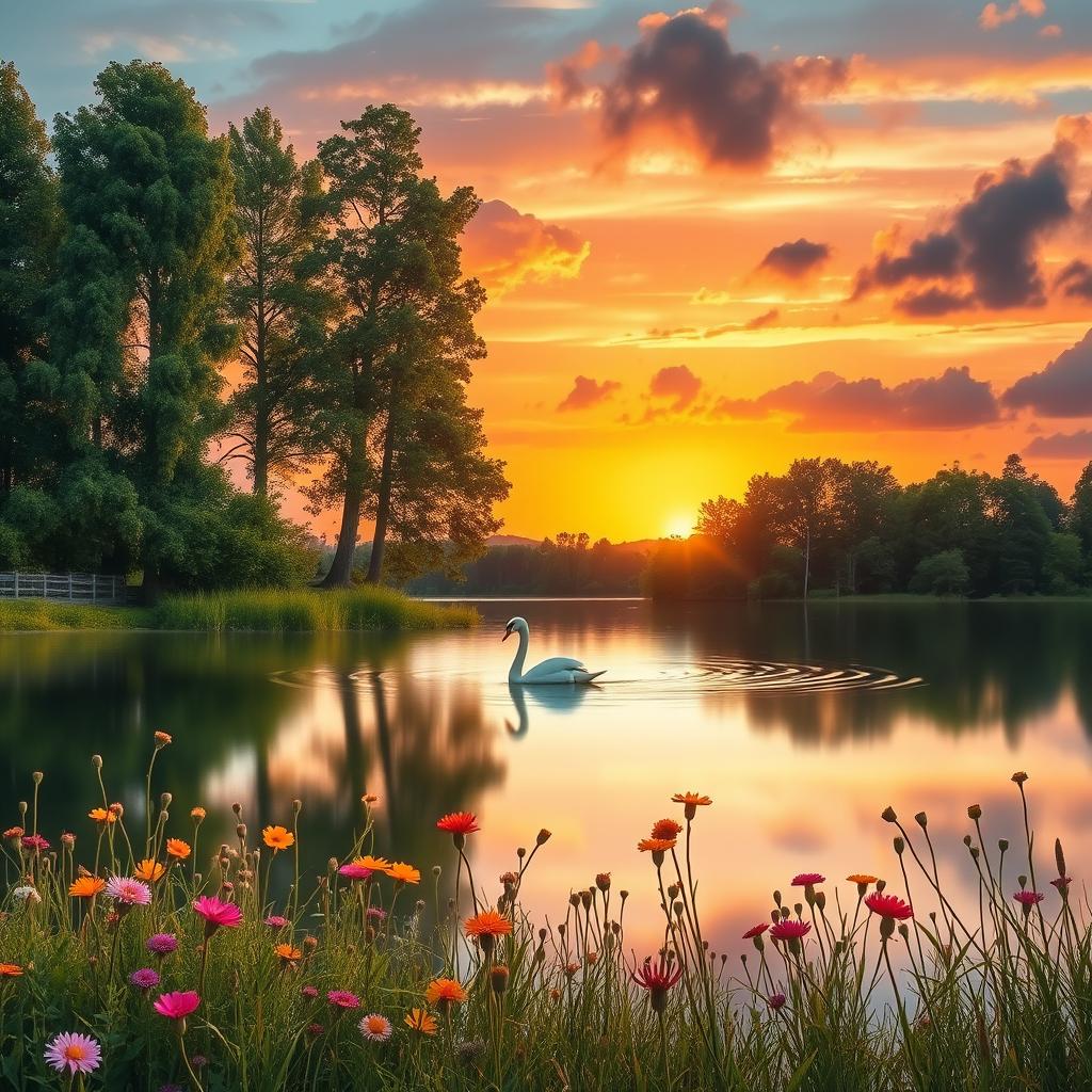 A serene landscape during the golden hour, with a vibrant sunset casting warm hues over a tranquil lake