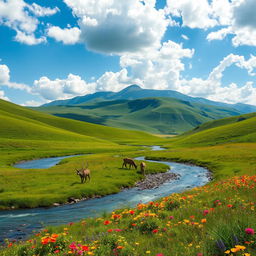 A stunning landscape scene featuring rolling green hills under a bright blue sky filled with fluffy white clouds