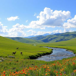 A stunning landscape scene featuring rolling green hills under a bright blue sky filled with fluffy white clouds