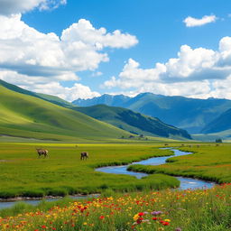 A stunning landscape scene featuring rolling green hills under a bright blue sky filled with fluffy white clouds