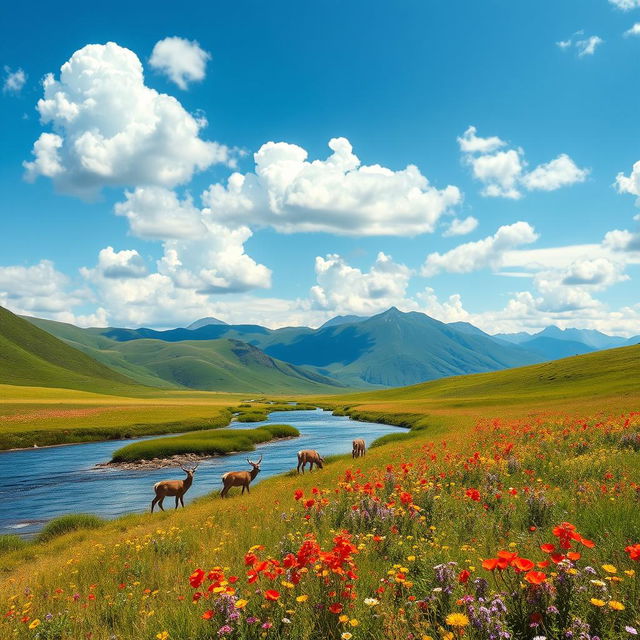 A stunning landscape scene featuring rolling green hills under a bright blue sky filled with fluffy white clouds