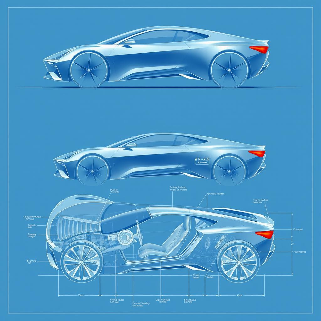 A conceptual blueprint of an innovative car design, featuring futuristic lines and an aerodynamic silhouette