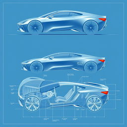 A conceptual blueprint of an innovative car design, featuring futuristic lines and an aerodynamic silhouette