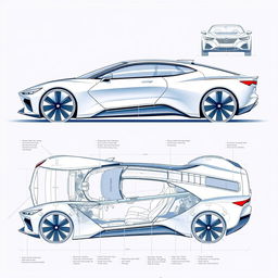 A conceptual blueprint of an innovative car design, featuring futuristic lines and an aerodynamic silhouette