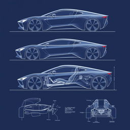 A conceptual blueprint of an innovative car design, featuring futuristic lines and an aerodynamic silhouette