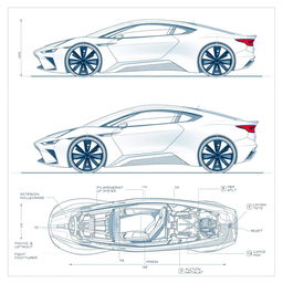 A conceptual blueprint of an innovative car design, featuring futuristic lines and an aerodynamic silhouette