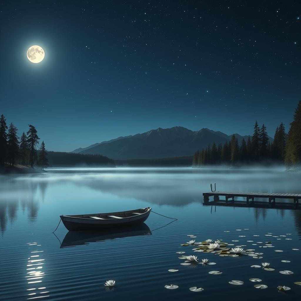 A tranquil, starry night at a beautiful lake with mountains in the background, illuminated by the gentle glow of a full moon