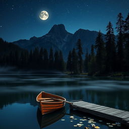 A tranquil, starry night at a beautiful lake with mountains in the background, illuminated by the gentle glow of a full moon