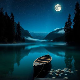 A tranquil, starry night at a beautiful lake with mountains in the background, illuminated by the gentle glow of a full moon