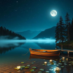 A tranquil, starry night at a beautiful lake with mountains in the background, illuminated by the gentle glow of a full moon