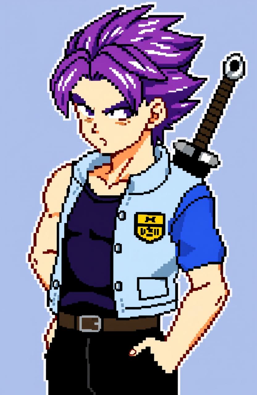 Pixel character sprite portrait of Future Trunks from Dragon Ball Z, capturing his signature purple hair, stern expression, and iconic blue Capsule Corp jacket over a dark tank top