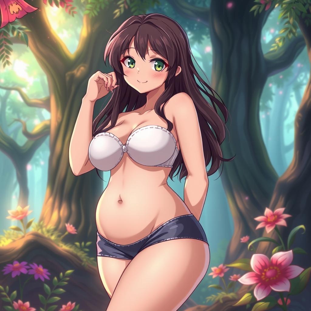 A voluptuous anime girl with a prominent, shapely figure, featuring her well-defined curves