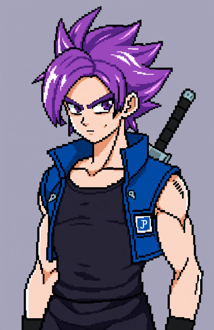 Pixel character sprite portrait of Future Trunks from Dragon Ball Z, capturing his signature purple hair, stern expression, and iconic blue Capsule Corp jacket over a dark tank top