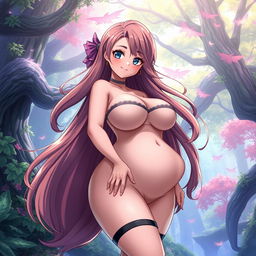 A voluptuous anime girl with a prominent, shapely figure, featuring her well-defined curves