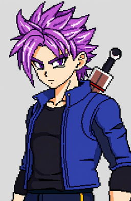 Pixel character sprite portrait of Future Trunks from Dragon Ball Z, capturing his signature purple hair, stern expression, and iconic blue Capsule Corp jacket over a dark tank top