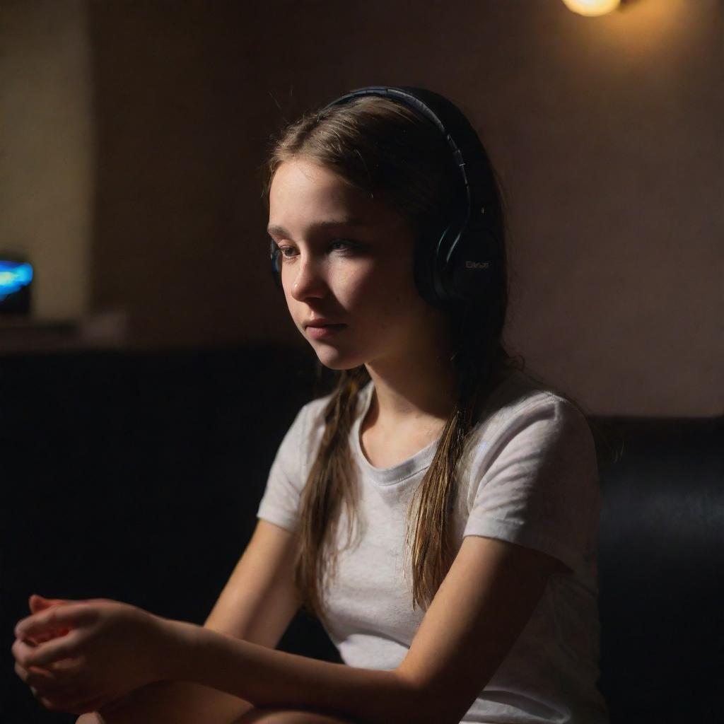 A young girl lost in the rhythm of music, wearing a pair of headphones, sitting in a dimly lit, atmospheric room with ambient light accents.