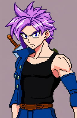 Pixel character sprite portrait of Future Trunks from Dragon Ball Z, capturing his signature purple hair, stern expression, and iconic blue Capsule Corp jacket over a dark tank top