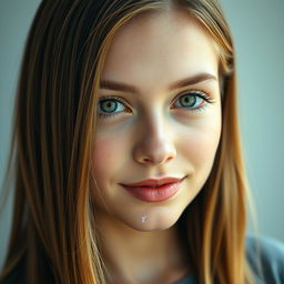 A stunning portrait of a young woman, aged 18, with light brown straight hair that falls gracefully to the middle of her neck