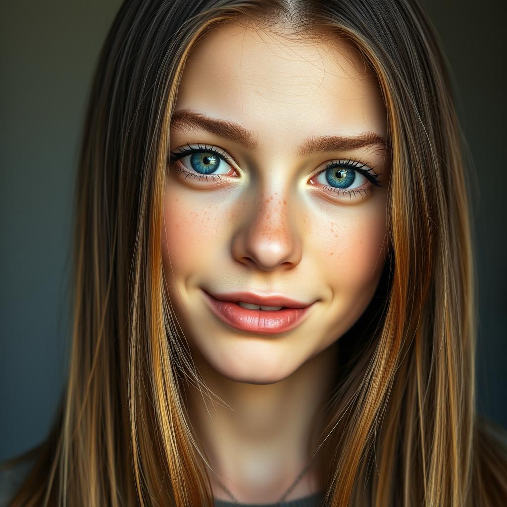 A stunning portrait of a young woman, aged 18, with light brown straight hair that falls gracefully to the middle of her neck