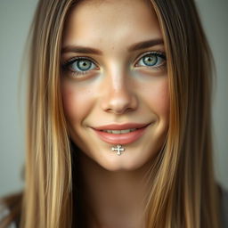 A stunning portrait of a young woman, aged 18, with light brown straight hair that falls gracefully to the middle of her neck